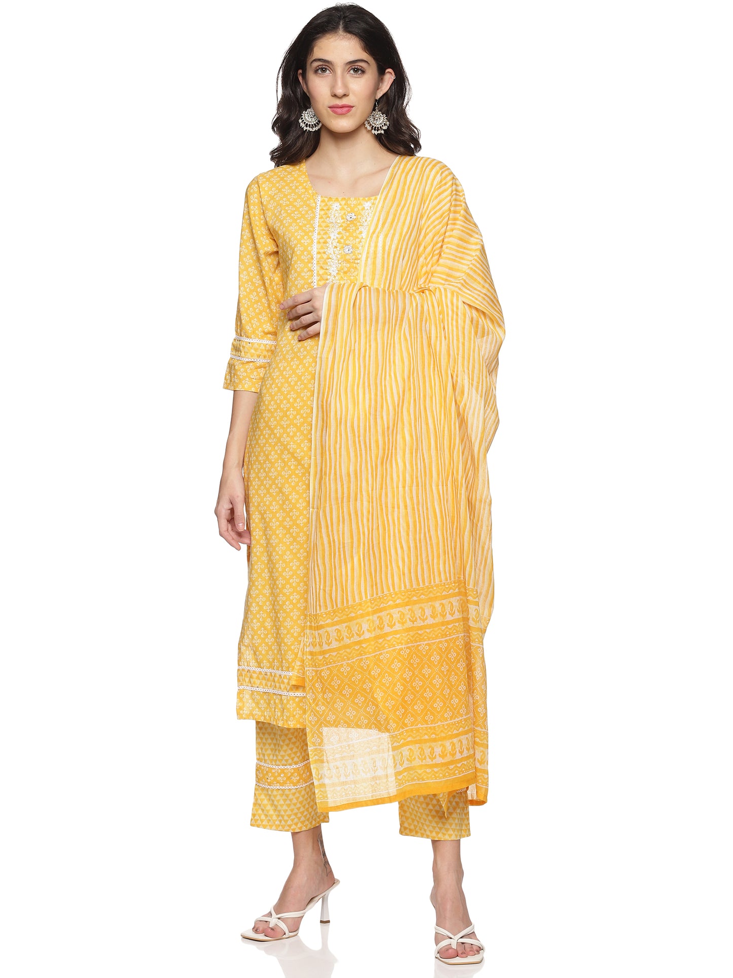 Tuskan Yellow with White Cotton Fabric