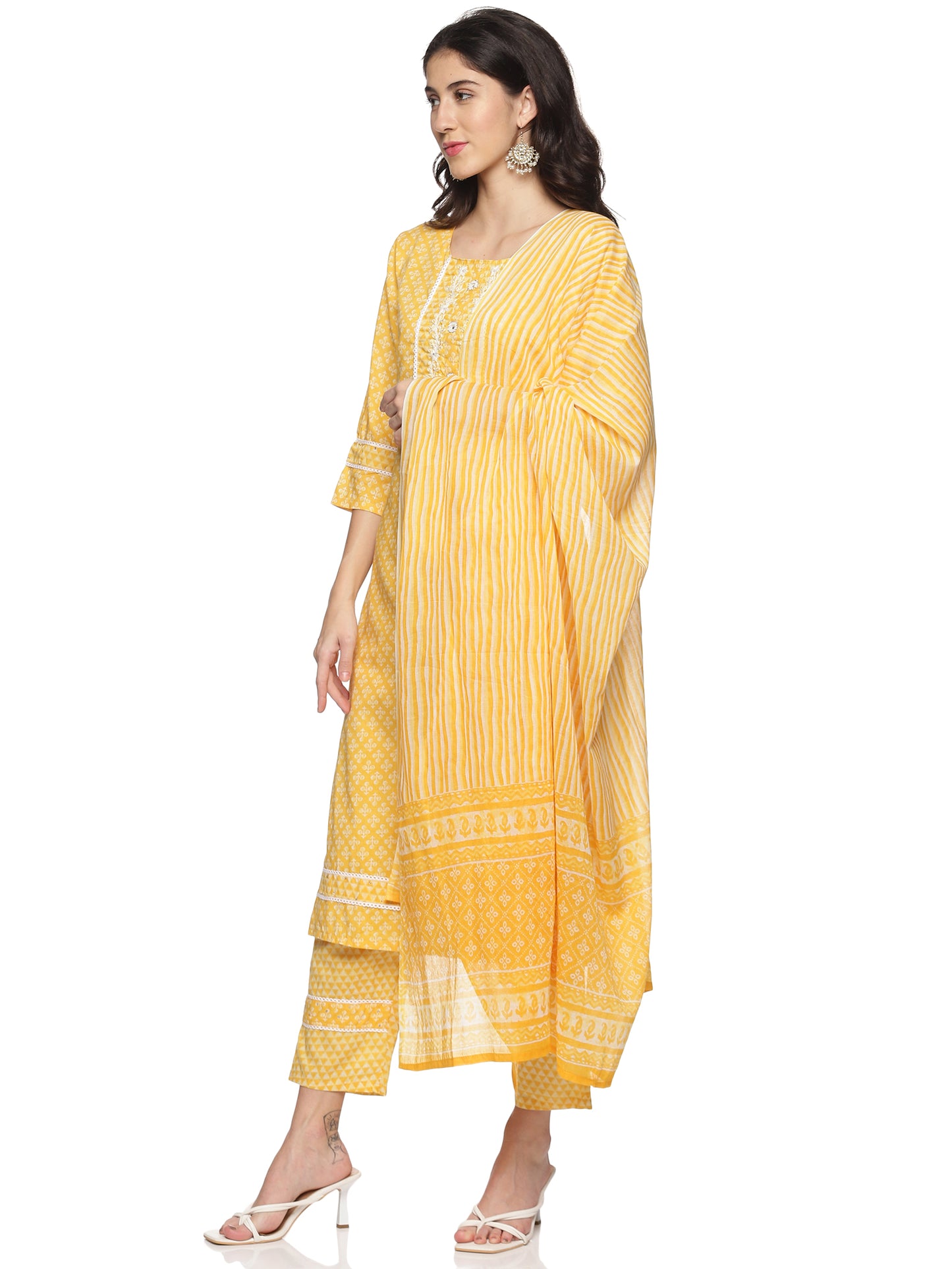 Tuskan Yellow with White Cotton Fabric