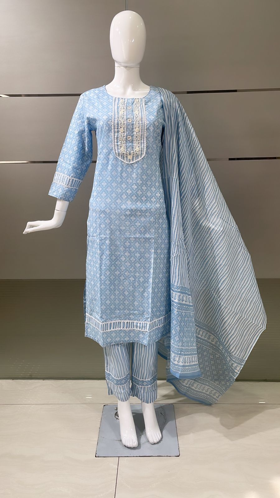 Clear Blue with White Cotton Fabric