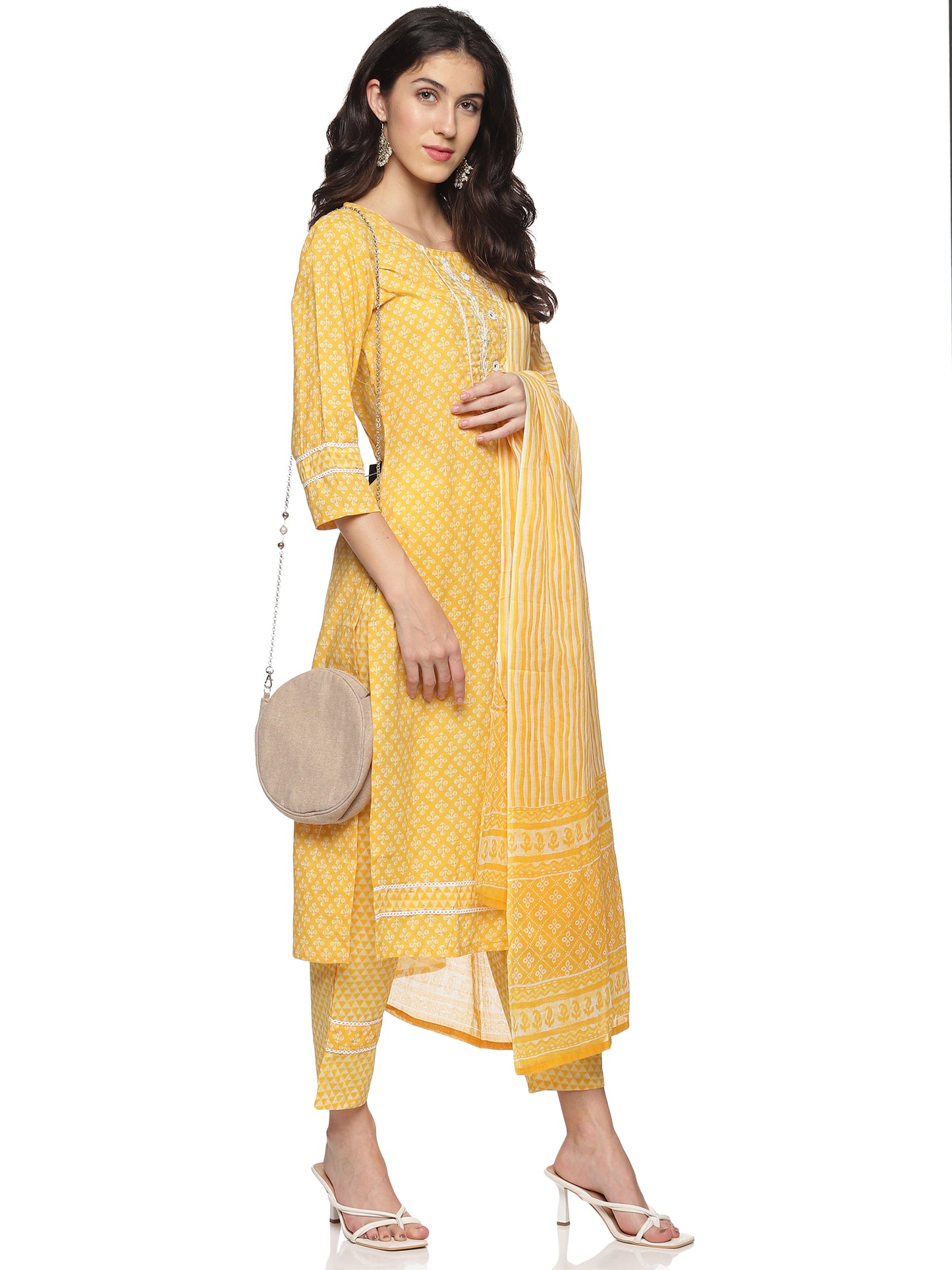 Tuskan Yellow with White Cotton Fabric 