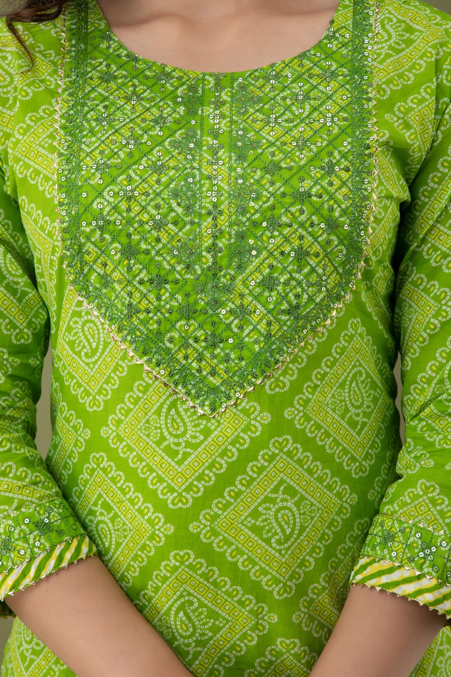 Kurti 3PC Set - Parrot Green Cotton Bhandej